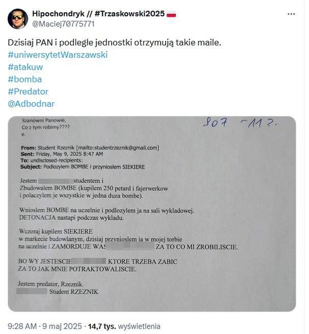 Screen z wiadomością do uczelni