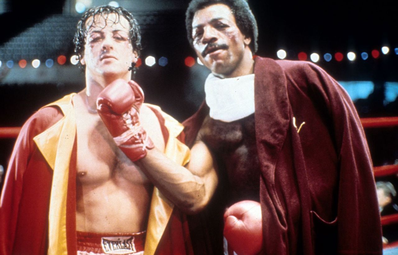 Carl Weathers and Sylvester Stallone on the set of the movie "Rocky"