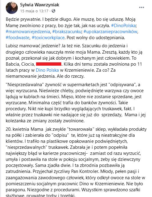 Sprawę opisała na Facebooku córka zwolnionej pracownicy Dino