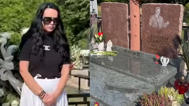 Ewa Krawczyk płacze nad grobem męża.