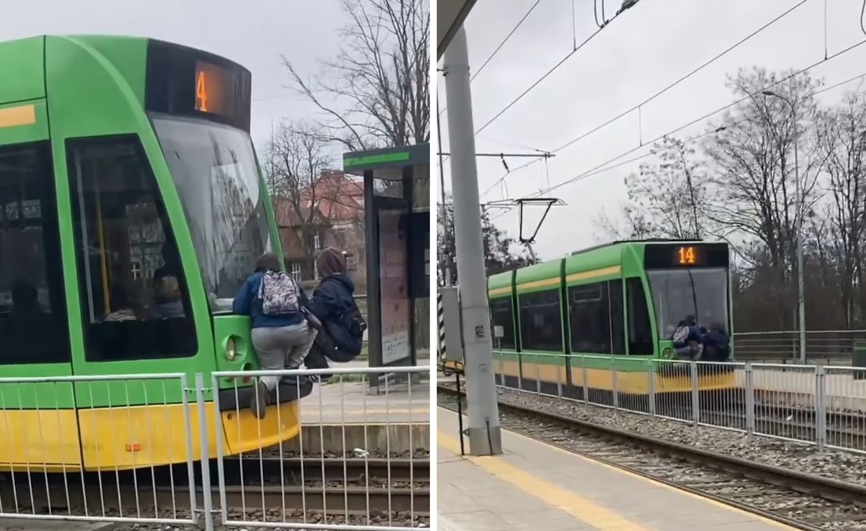 Nastolatkowie na tylnym zderzaku tramwaju. Screen