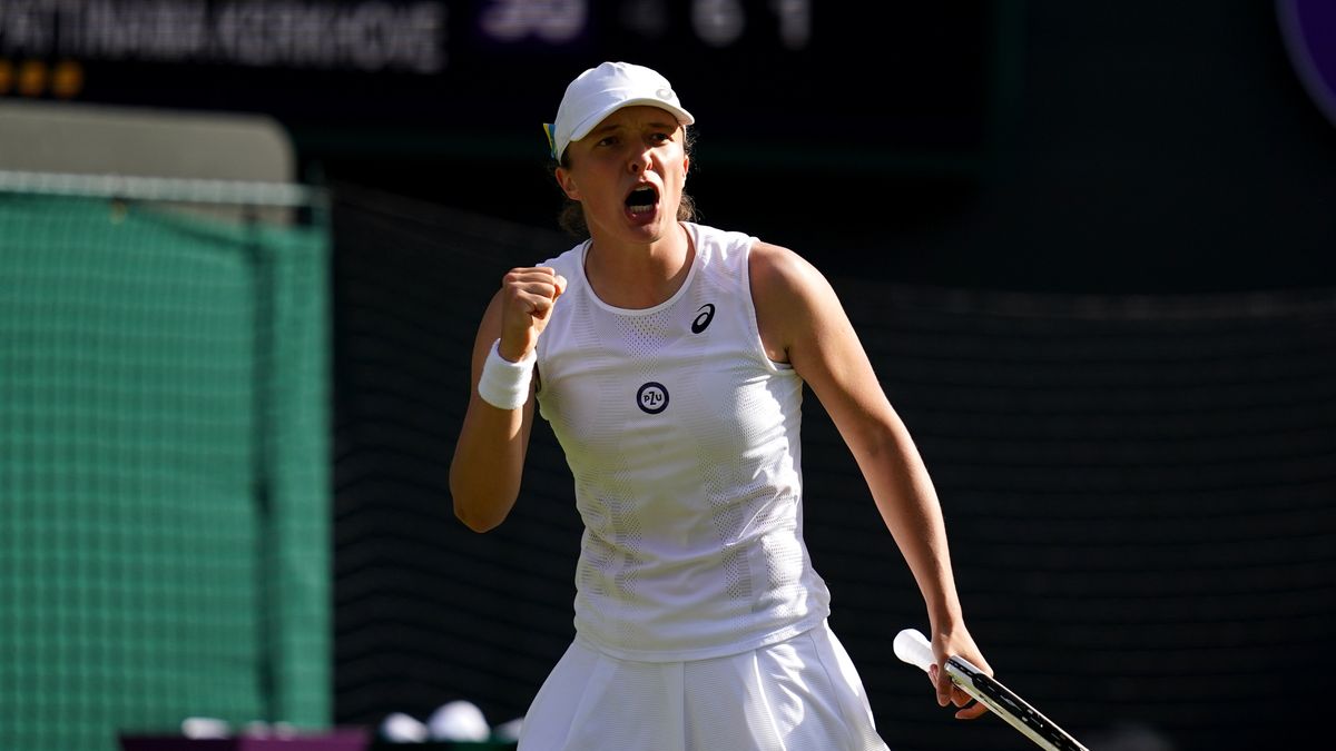 Iga Swiatek in action during her Ladies singles second round match against Lesley Pattinama Kerkhove during day four of the 2022 Wimbledon Championships at the All England Lawn Tennis and Croquet Club, Wimbledon. Picture date: Thursday June 30, 2022. (Photo by John Walton/PA Images via Getty Images)