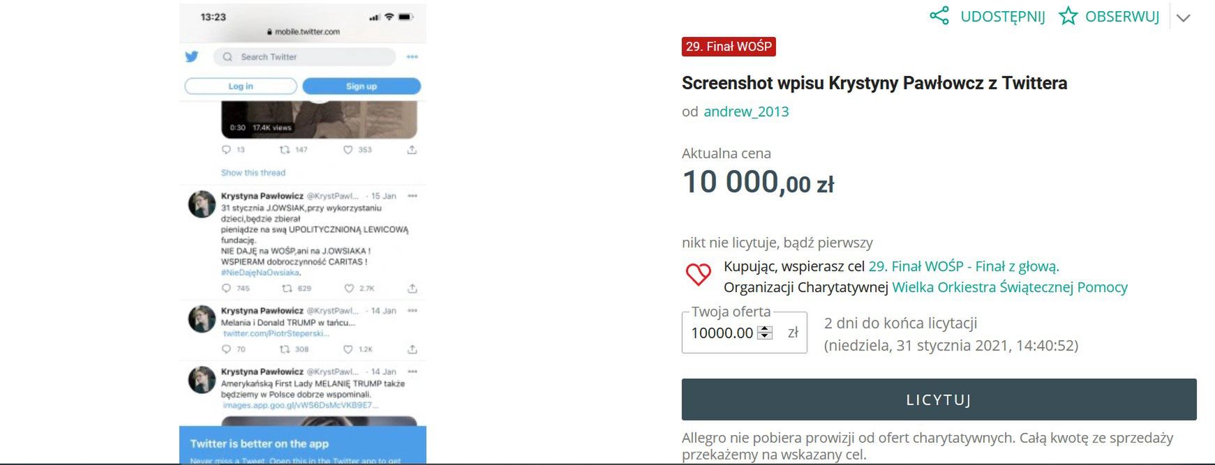 Aukcja WOŚP, wpis Krystyny Pawłowicz na Twitterze