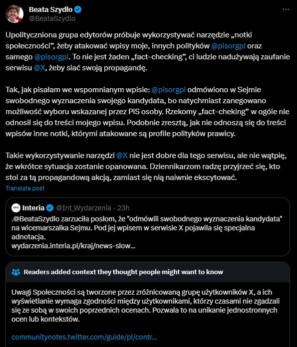 Wpisy Beaty Szydło na portalu Twitter/X