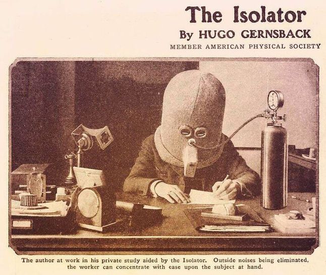Izolator. Urządzenie miało izolować od niepożądanych bodźców przy pracy. Publikacja w "The Journal Science And Invention", czerwiec 1925.