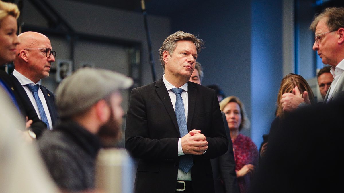 Robert Habeck, Vice-Chancellor and Federal Minister for Economic Affairs and Climate Protection, is visiting the Competence Center of the Sanitary, Heating and Air Conditioning Guild during his federal state travel tour in Berlin, Germany, on February 12, 2024. (Photo by Christian Marquardt/NurPhoto via Getty Images)