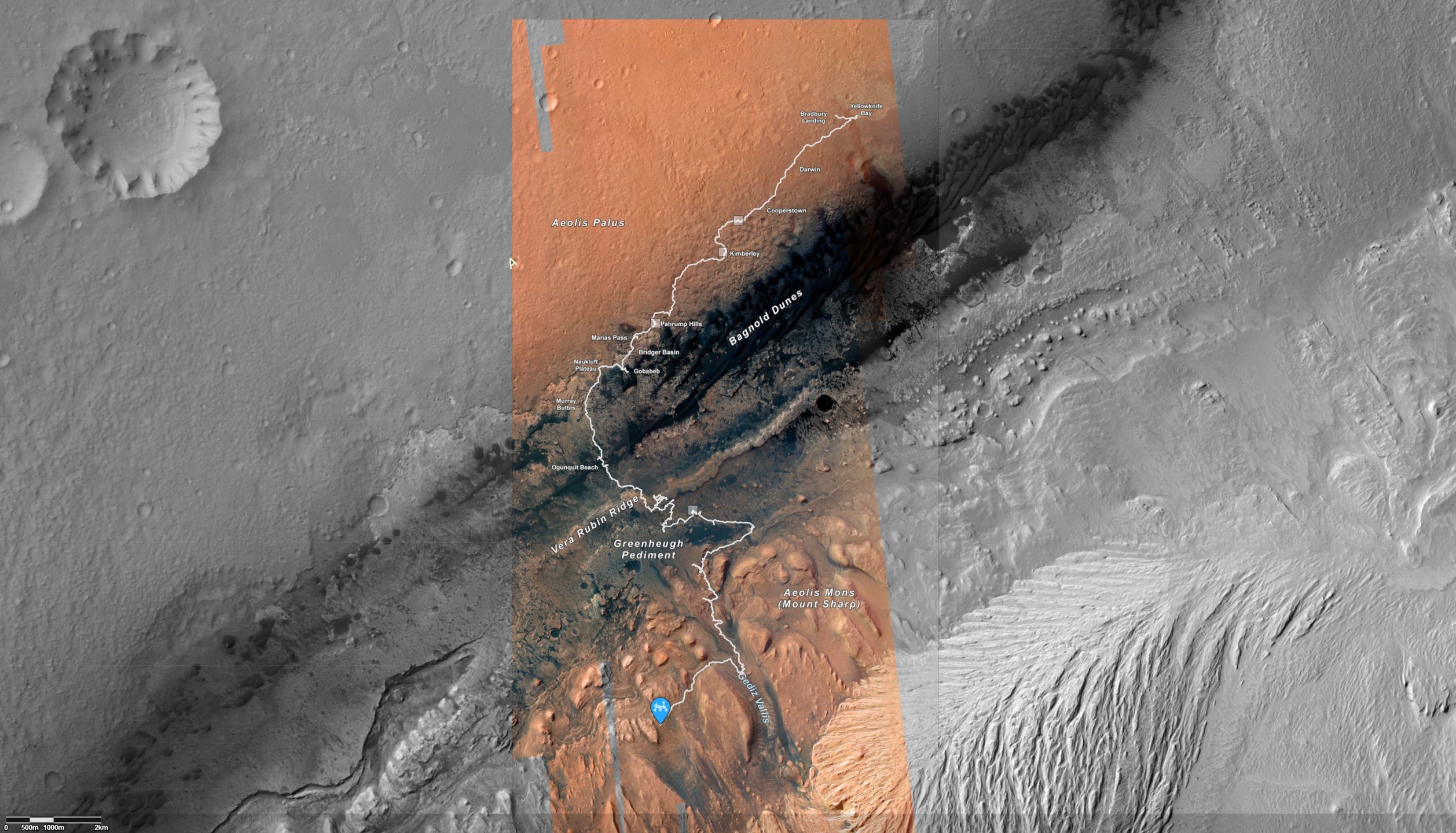 Trasa łazika Curiosity na Marsie.