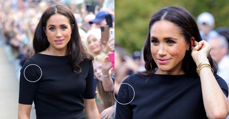 Internauci sugerują, że Meghan Markle w tajemnicy... NAGRYWAŁA żałobników! "Czy pod jej sukienką widać MIKROFON?" (ZDJĘCIA)