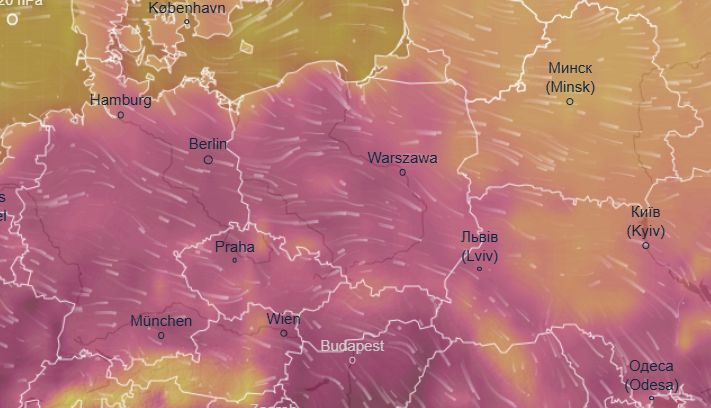 Na czerwono oznaczono miejsca, gdzie może wystąpić upał.