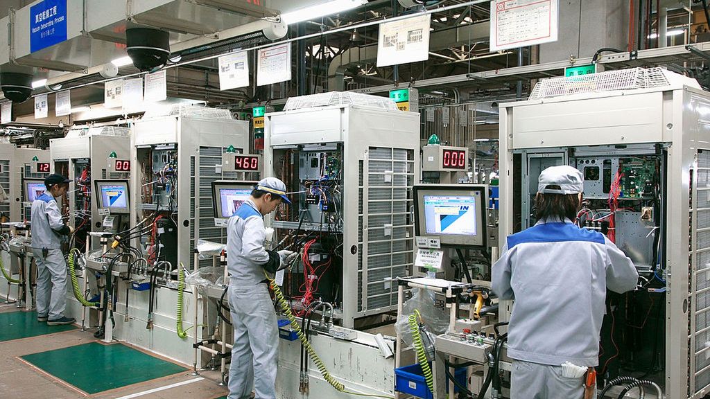 Employees work on the production line manufacturing air cond
JAPAN - DECEMBER 12:  Employees work on the production line manufacturing air conditioners at a Daikin Industries Ltd. plant in Sakai City, Osaka, Japan, on Friday, Dec. 12, 2008. Sentiment among Japan's largest manufacturers fell the most in 34 years, signaling companies are likely to cancel spending plans and cut more jobs, pushing the economy further into recession.  (Photo by Tetsuya Yamada/Bloomberg via Getty Images)
Bloomberg
ASIA: ASIAN, ECO, ECONOMY, STOCK, TECH, TECHNOLOGY