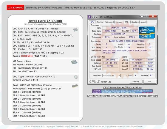 CPU-Z Intel Core i7 2600K 7360 MHz fałszywa walidacja