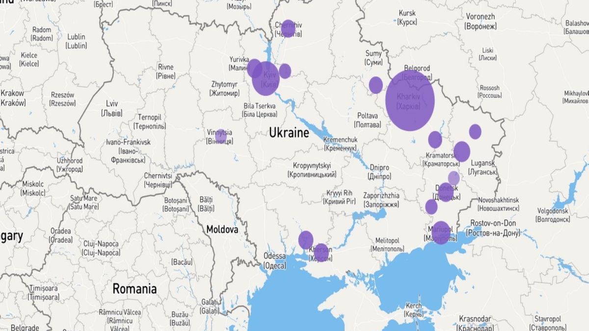 Mapa potencjalnych zbrodni wojennych w Ukrainie (stan na 18 marca 2022 r.)