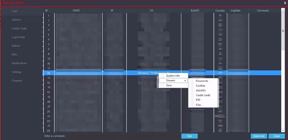 Arsenał możliwości po aktywnym zainstalowaniu się na komputerze ofiary. Źródło: https://www.proofpoint.com/us/blog/threat-insight/new-redline-stealer-distributed-using-coronavirus-themed-email-campaign