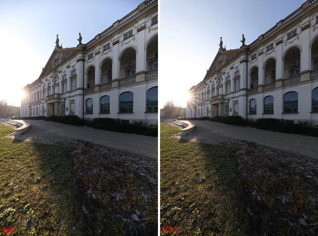 Porównanie zachowania się pod światło przy otwartej i mocno przymkniętej przysłonie. Ogniskowa 12 mm.