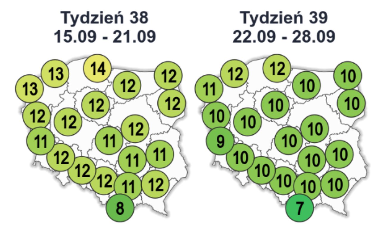 Średnia temperatura minimalna w II i III dekadzie września