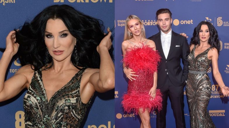 Gala Mistrzów Sportu - Justyna Steczkowska na czerwonym dywanie z Leonem Myszkowskim i jego partnerką (?)