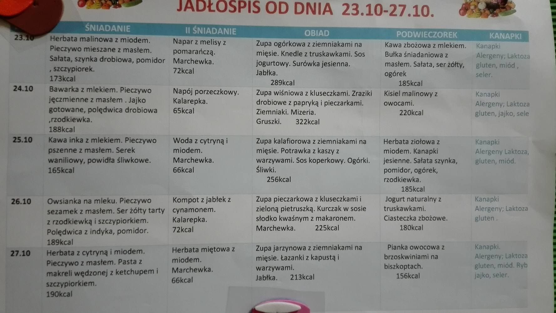 Jadłospis w kolejnym przedszkolu