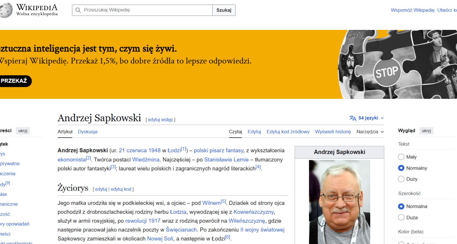 Biogram Andrzeja Sapkowskiego w Wikipedii