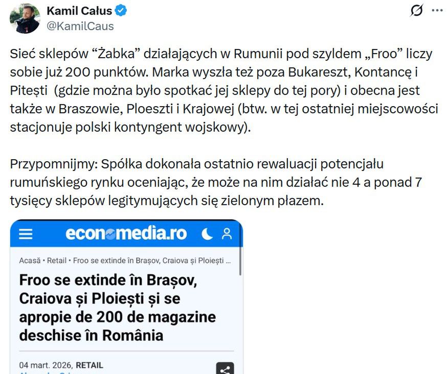 Żabka rozwija się w Rumunii