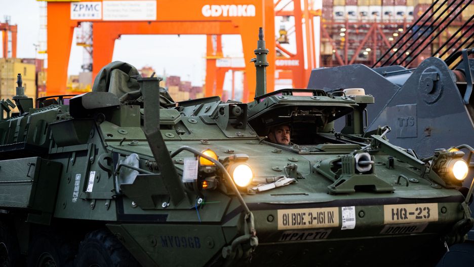 GDYNIA, POMERANIA, POLAND - 2022/02/13: US Army Stryker seen moving towards the ARC Defender vessel at the Baltic Container Terminal in Gdynia.The US Army transports military equipment from Poland to the United States after being deployed for 9 months. It is the long-term rotation of the equipment. Another unit arrives to train together with the troops of Great Britain, Croatia and Romania as part of joint military maneuvers in Poland and in some parts of Europe. (Photo by Mateusz Slodkowski/SOPA Images/LightRocket via Getty Images)