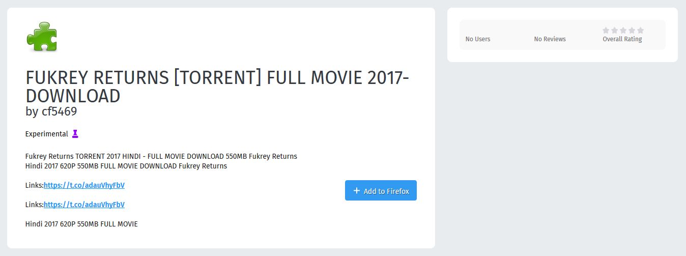 Przykład dodatku będącego jedynie spamem. Rozszerzenie udostępniono do pobrania kilkanaście minut przed zrobieniem tego zrzutu ekranu.