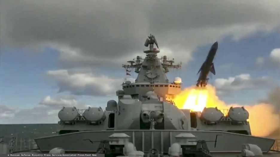 TemporaryIn this undated video grab provided by Russian Defense Ministry Press Service, Russia's Varyag missile cruiser fires a cruise missile as part of the Russian navy manoeuvres in the Bering Sea. The Russian navy has conducted massive war games near Alaska involving dozens of ships and aircraft, the biggest such drills in the area since Soviet times. (Russian Defense Ministry Press Service via AP)Russian Defense Ministry Press Service