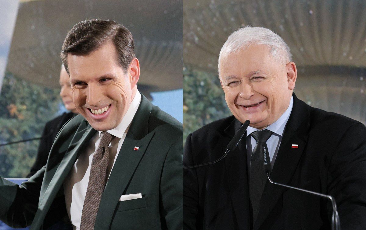 Konwencja PiS w Warszawie. Po lewej Tobiasz Bocheński, po prawej Jarosław Kaczyński