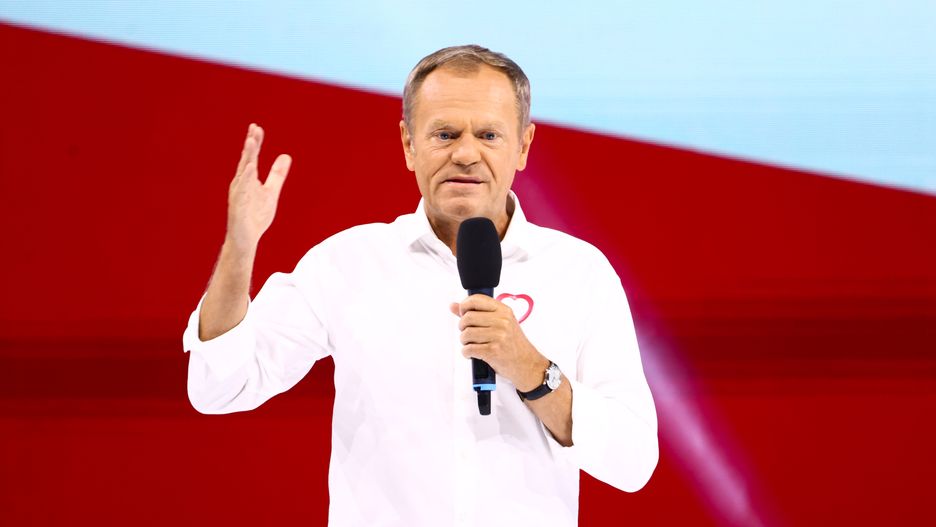 Donald Tusk, the leader of Civic Platform (PO) party speaks during Civic Coalition convention in Arena Jaskolka in Tarnow, Poland.  The meeting was held under the slogan '100 policies for 100 days''. Opposition politicians presented their programme for the first 100 days after winning the parliamentary elections, which will be held on October 15th this year in Poland.  (Photo by Beata Zawrzel/NurPhoto via Getty Images)