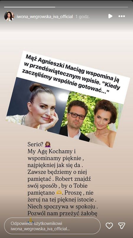 Iwona Węgrowska zwróciła się do męża Agnieszki Maciąg 