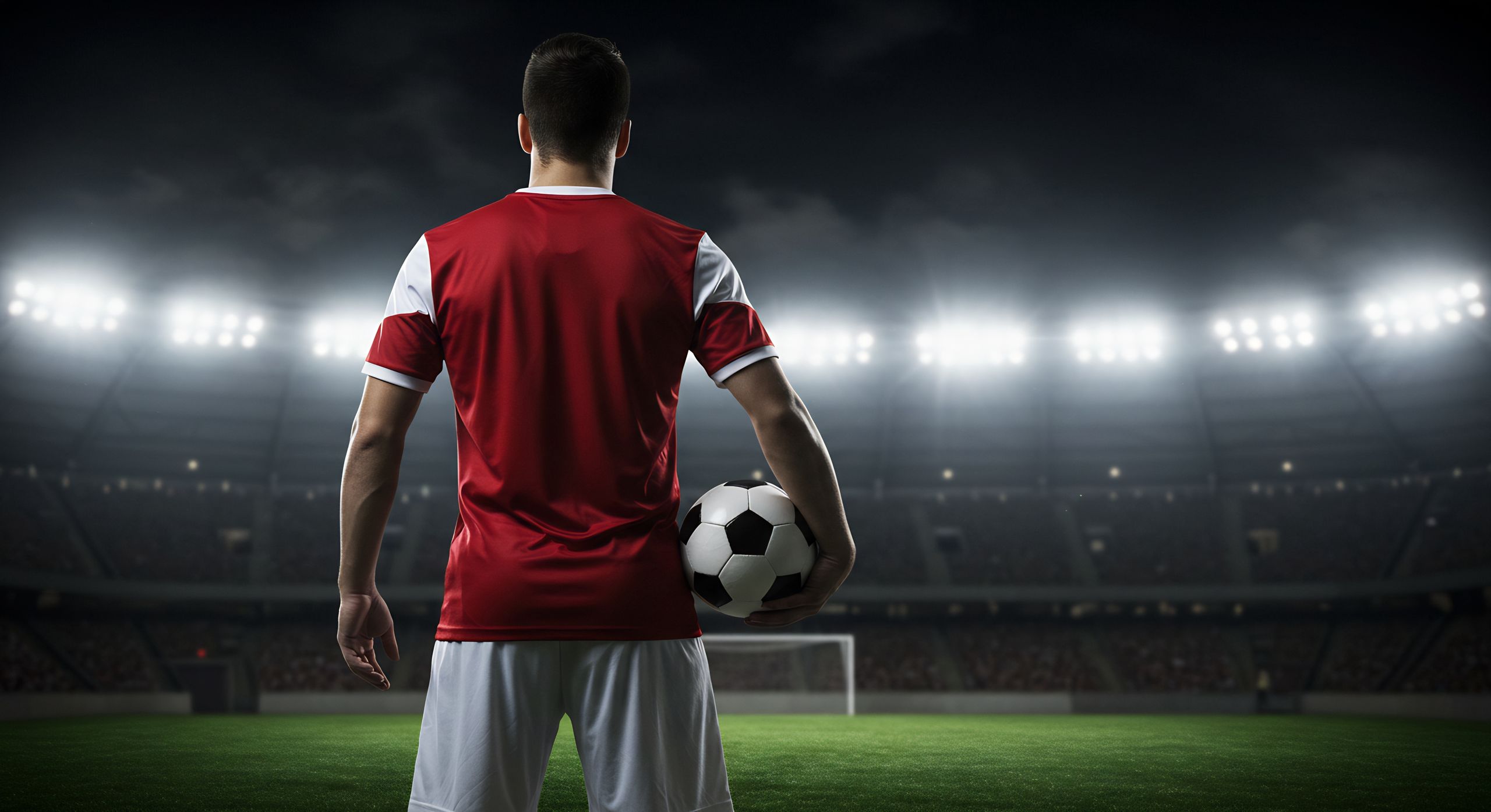 soccer, football, player, stadium, night, lights, field, grass, game, sport, athlete, competition, team, victory, goal, ball, action, energy, power, strength, fitness, health, lifestyle, active, dynamic, professional, success, winning, champion, determination, focus, concentration, passion, skill, talent, training, practice, dedication, perseverance, ambition, achievement, motivation, inspiration, confident, powerful, strong, athletic, sportsman, back view