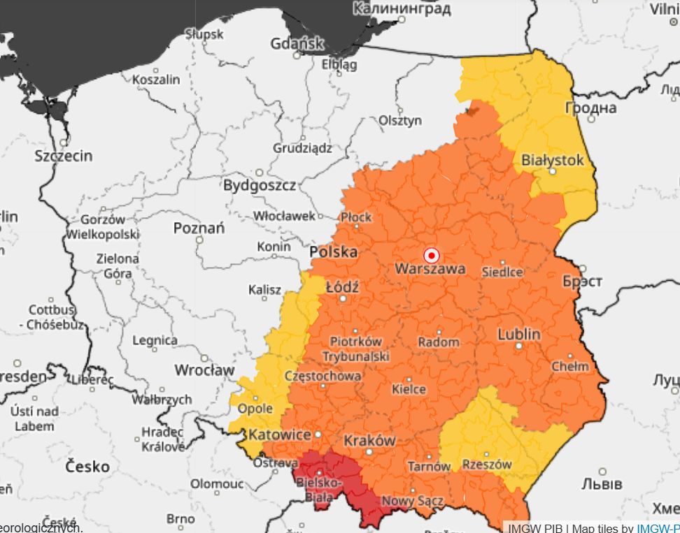 Alerty IMGW, stan na godzinę 12:50 w środę