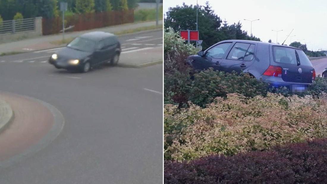 Kierowca volkswagena zatrzymał się na środku wyspy ronda
