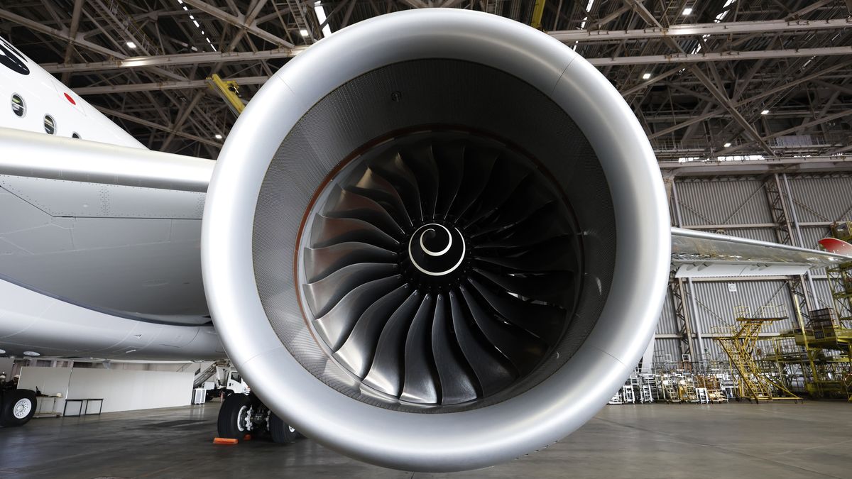 An engine of an Airbus SE A350-1000 aircraft operated by Japan Airlines Co. (JAL) during a media preview at the company's hangar at Haneda Airport in Tokyo, Japan, on Monday, Jan. 15, 2024. The airplane will be used for the Tokyo (Haneda) - New York (JFK) route starting on Jan. 24, according to the company. Photographer: Kiyoshi Ota/Bloomberg via Getty Images