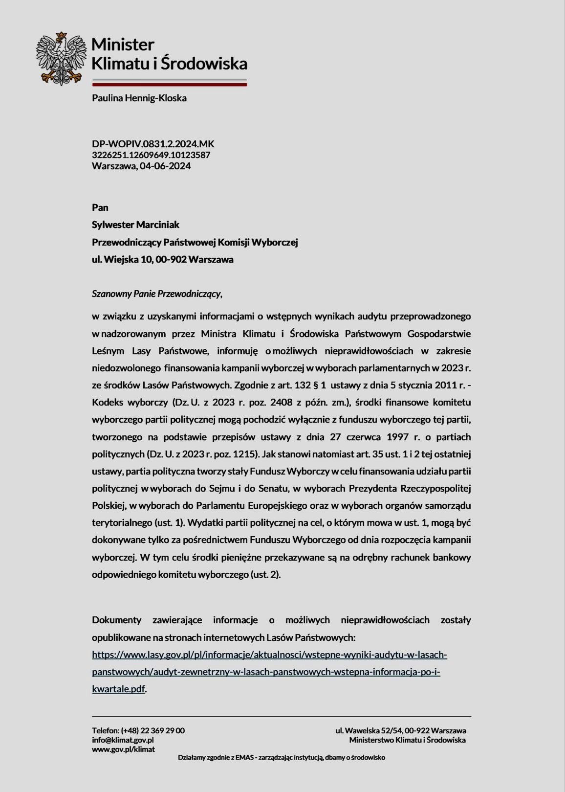 Ministerstwo Klimatu zwróciło się do PKW z wnioskiem o sprawdzenie niedozwolonego finansowania kampanii PiS