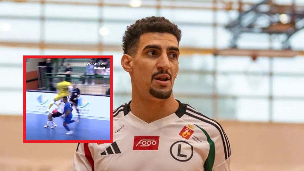 Twitter / x.com/sport_tvppl/ instagram.com/legiafutsal / Na zdjęciu: Andre Luiz (w ramce: brutalny faul na Luizie)