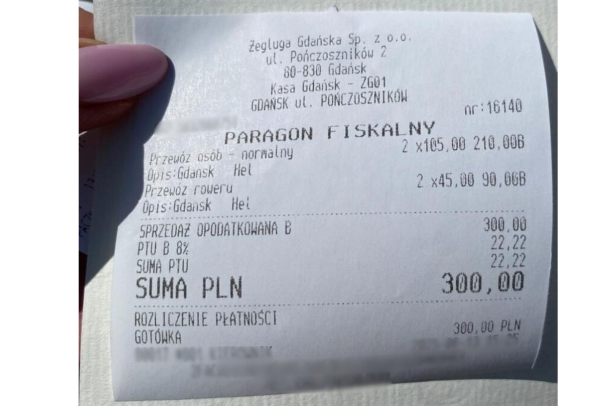 Paragon za przeprawę promem z dwoma rowerami