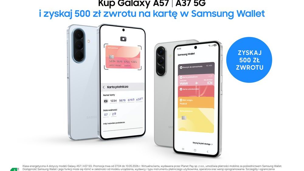 Samsung oddaje 500 zł za zakup Galaxy A37 5G lub Galaxy A57 5G.