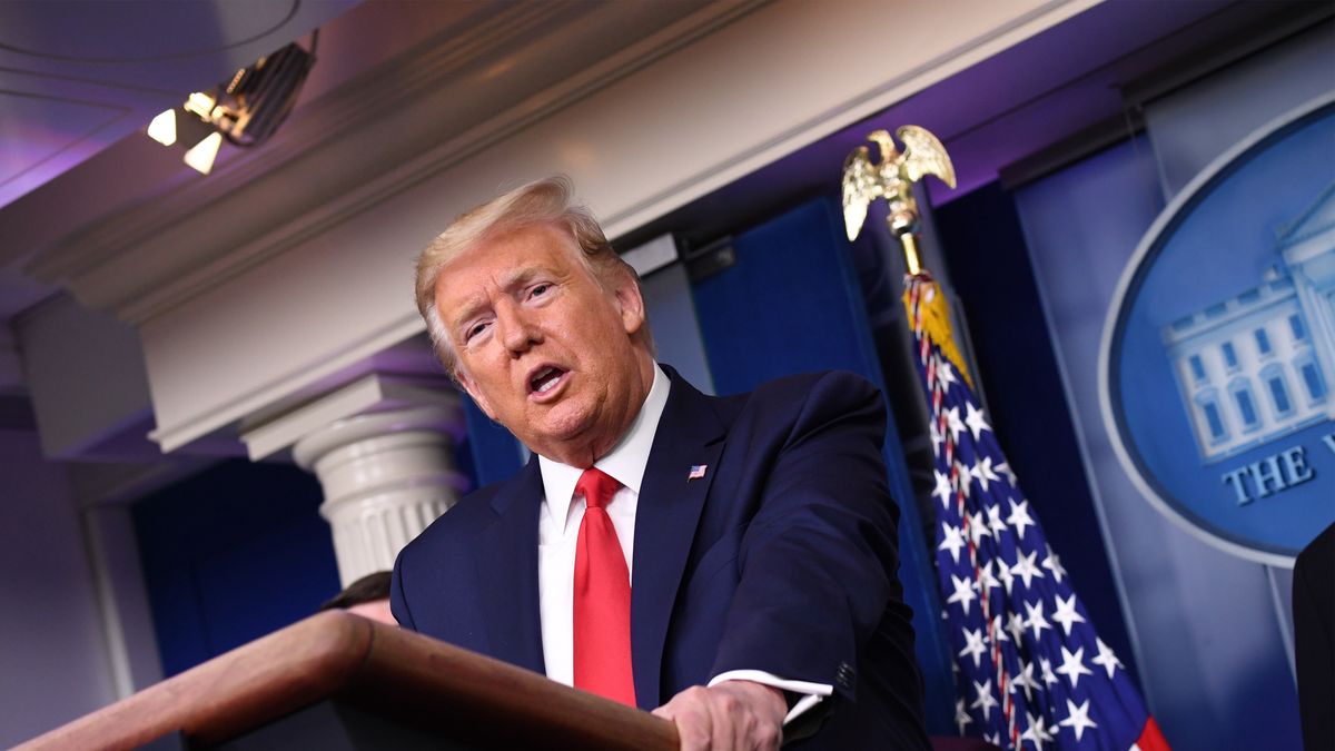 U.S. President Donadl Trump speaks during a Coronavirus Task Force news conference in the briefing room of the White House in Washington, D.C., U.S., on Wednesday, March 18, 2020. Trump invoked the Defense Production Act, allowing the government to boost production of masks and protective equipment. Europe surpassed China in the number of coronavirus infections. Photographer: Kevin Dietsch/UPI/Bloomberg via Getty Images