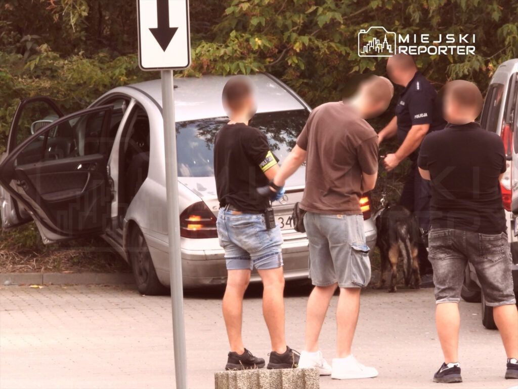 Mężczyźni stoją przy otwartym samochodzie, a policjant z psem służbowym rozmawia z jednym z nich na parkingu.