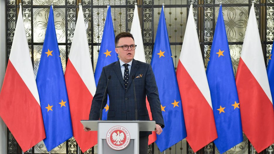 Warszawa, 20.02.2024. Marszałek Sejmu Szymon Hołownia podczas konferencji prasowej, przed posiedzeniem prezydium Sejmu i Konwentu Seniorów, 20 bm. w Sejmie w Warszawie. (mr) PAP/Piotr Nowak