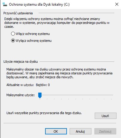 Ustawienia użycia miejsca na dysku dla punktów przywracania systemu