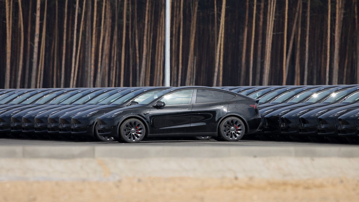 Tesla vehicles at the Tesla Inc. Gigafactory in Gruenheide, Germany, on Saturday, March 19, 2022. Tesla, which secured approval for the factory outside Berlin early this month, said it expected to obtain an operating license within a matter of weeks and has sent out invitations to a delivery day event at the plant on March 22. Photographer: Liesa Johannssen-Koppitz/Bloomberg via Getty Images
