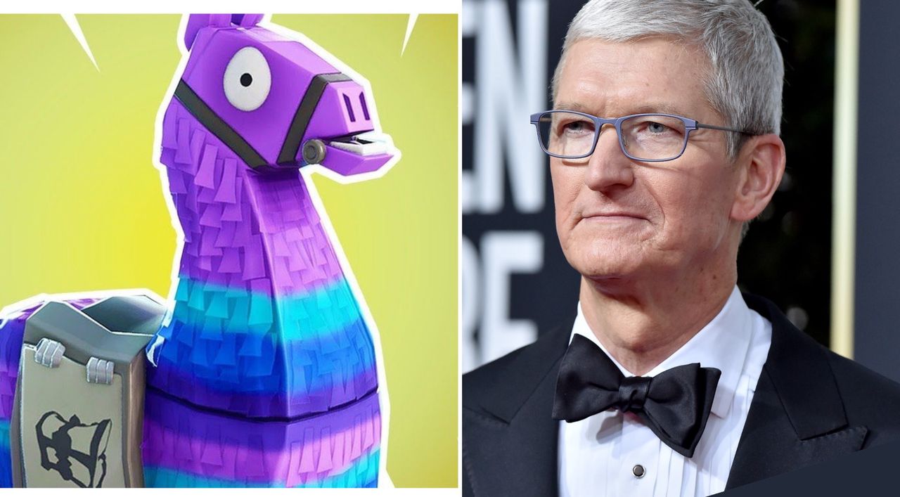 Szef Apple, Tim Cook (po prawej) i lama - maskotka z gry Fortnite