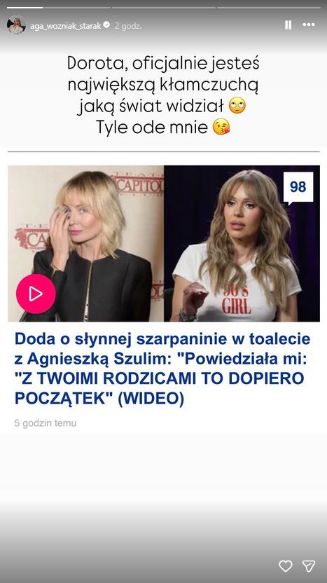 Agnieszka Woźniak-Starak reaguje na wyznanie Dody