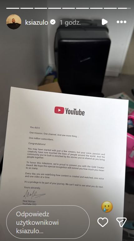 Książulo pokazał list od Youtube'a