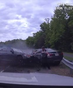 Kierowca BMW stracił panowanie nad autem. Pędził prosto na policjanta na poboczu