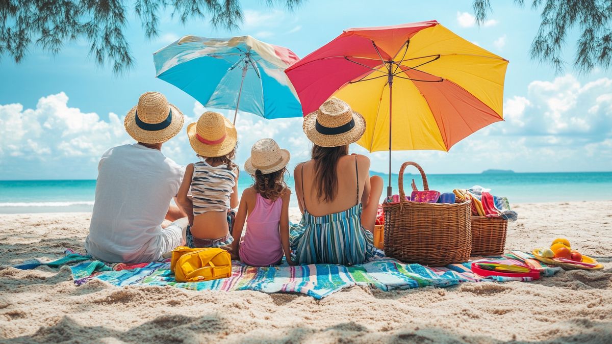 urlop, dni wolne, rodzina na plaży, parasolki, piknik, lato