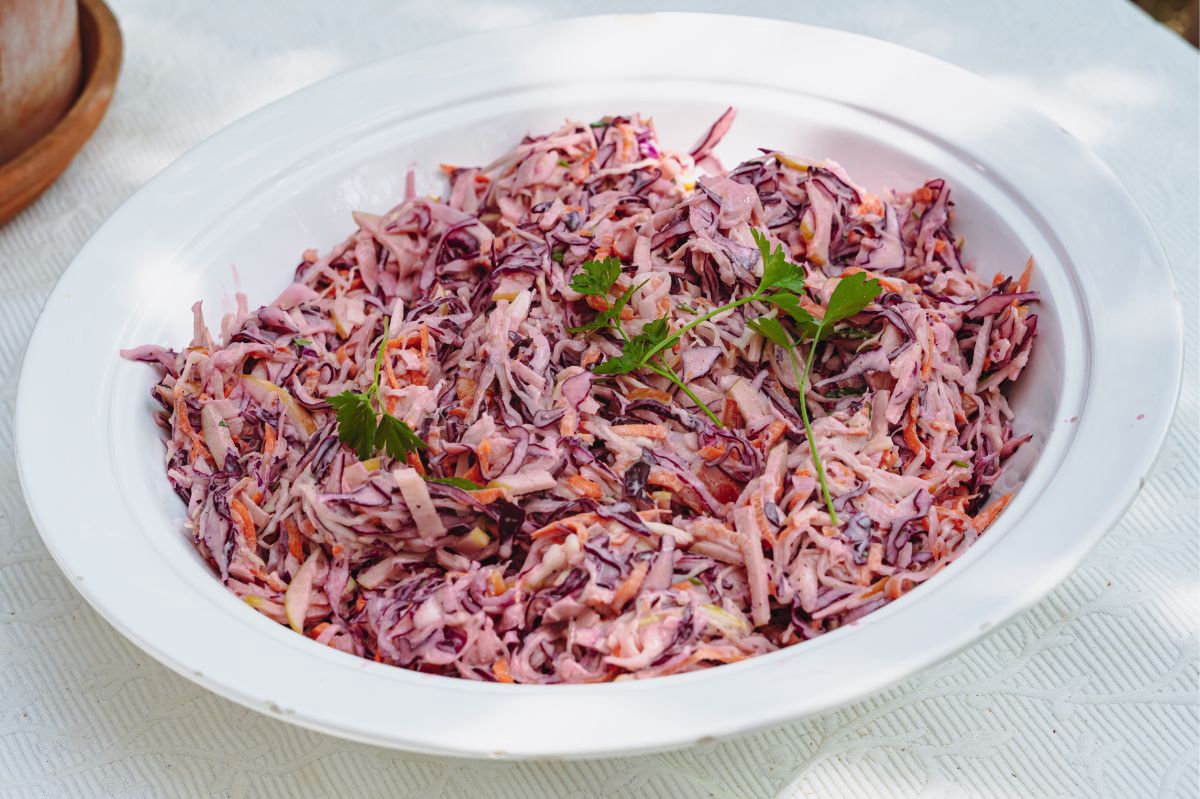 Red cabbage coleslaw is a nice change for my family.