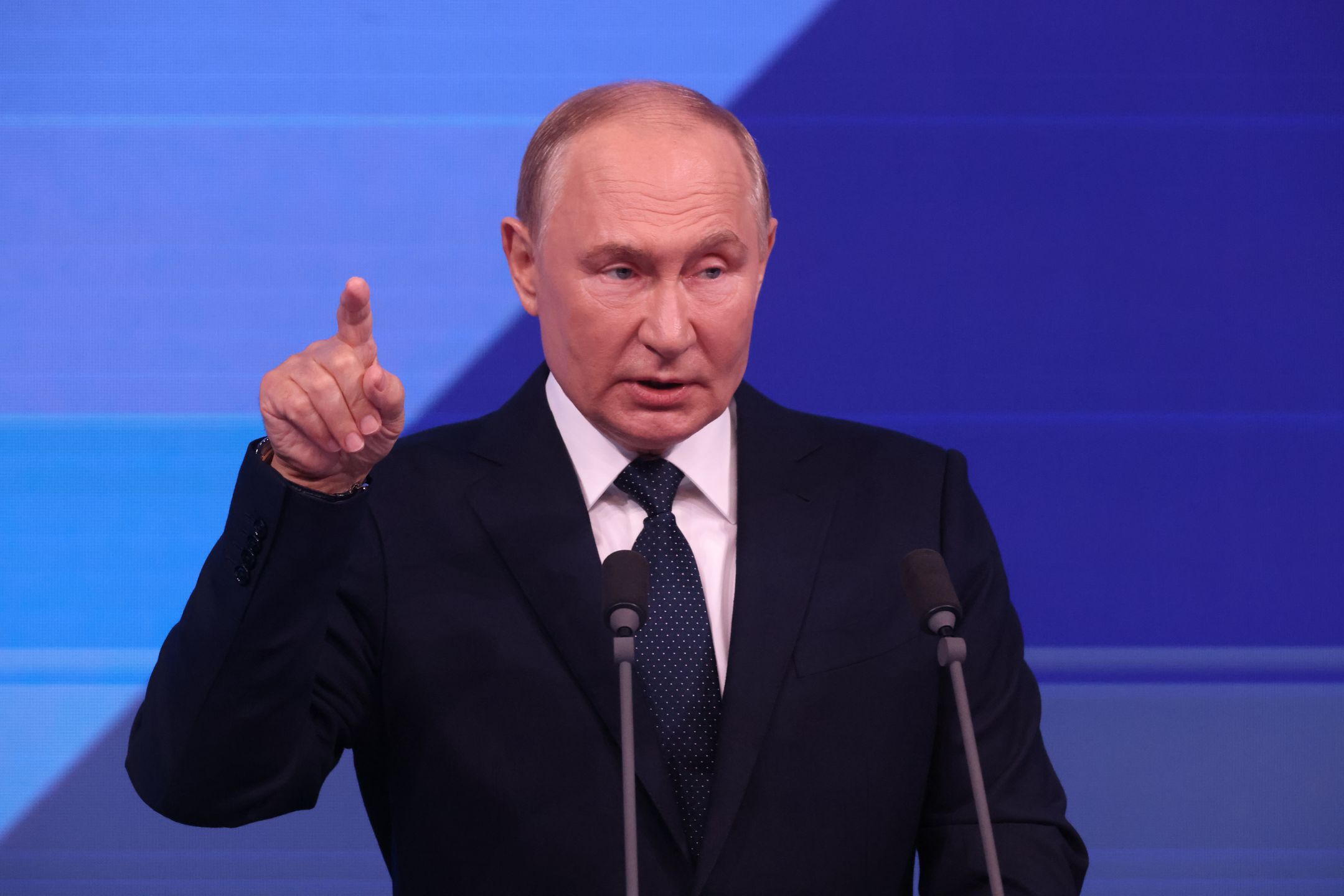 MOSCOW, RUSSIA - SEPTEMBER 7 (RUSSIA OUT) Russian President Vladimir Putin gestures during his speech at the meeting in Zaryadye Hall, marking the City Day, September 7, 2024, in Moscow, Russia. Putin came back to Moscow after a long-term trip to Mongolia and Russia's Far East to vote in a local elections and to attend the celebration of the City Day. (Photo by Contributor/Getty Images)
