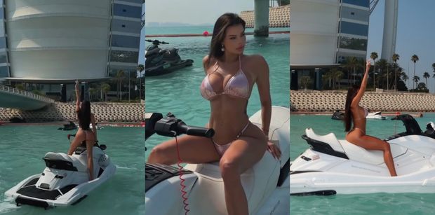 Justyna Gradek w MIKROSKOPIJNYM BIKINI "ujeżdża" skuter wodny, prując po Zatoce Perskiej (ZDJĘCIA)